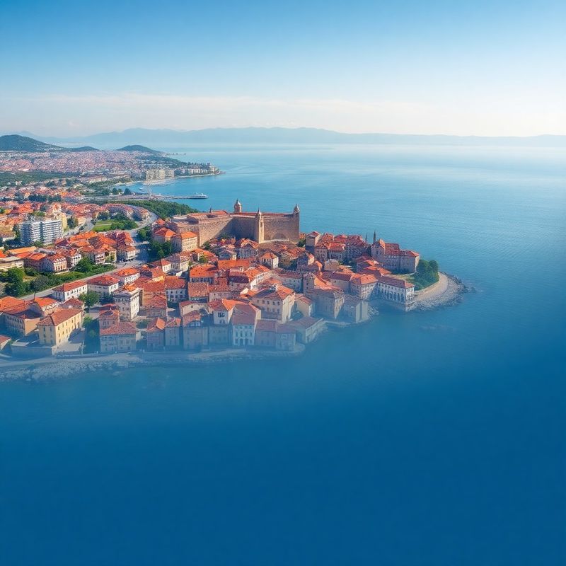 Zračni pogled na staro mestno jedro Kopra in jadransko obalo